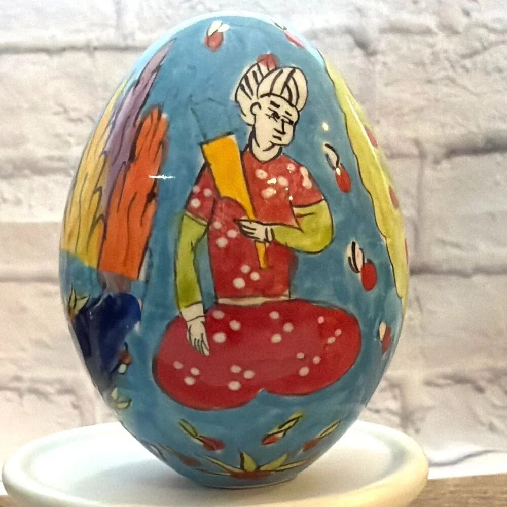 Hand-Painted Turkish Ceramic Pottery Egg Istanbul Grand Bazaar Blue Folk Art VTG - Picture 8 of 13